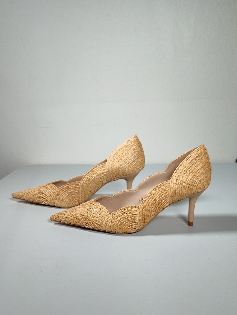 Zara woven natural raffia pointed toe‎ pumps kitten heels 36
